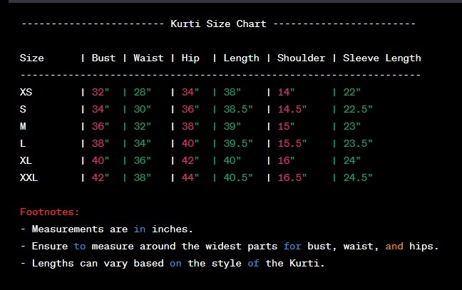 Kurti Size Chart - From XS to XXXXL Measurement Chart