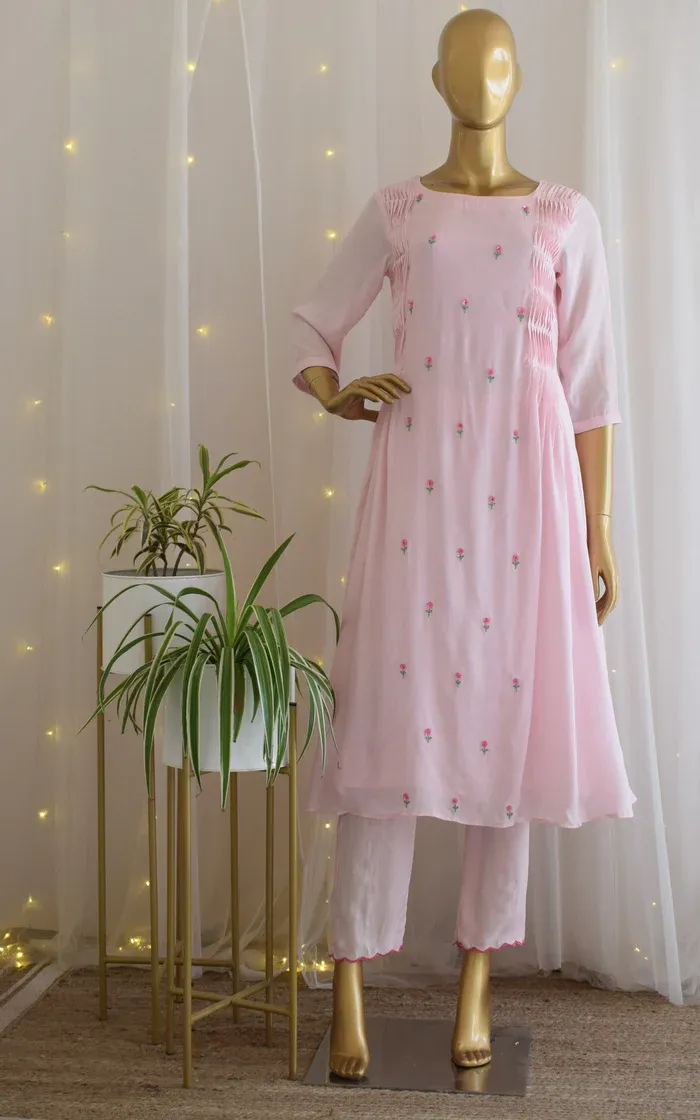 Baby Pink Floral Sequins Work Tunic & Pant (1)