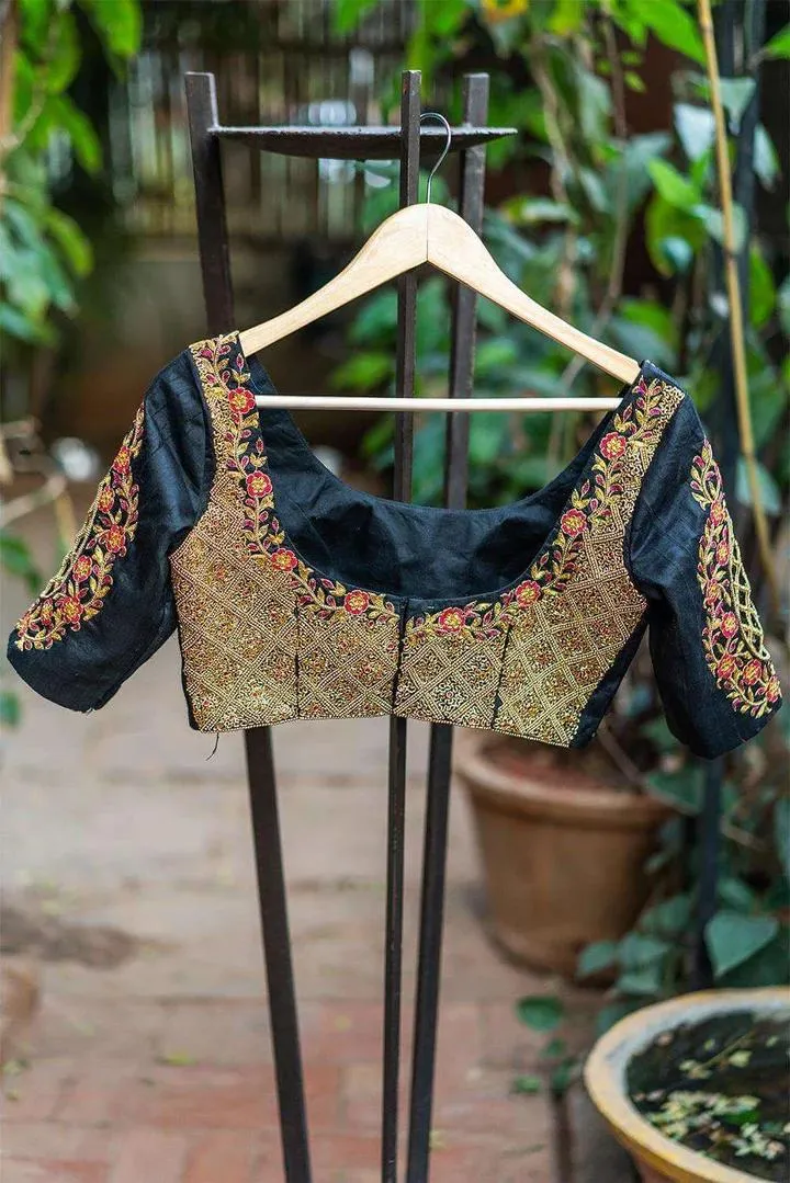 Black Floral Embroidered Blouse Design Back