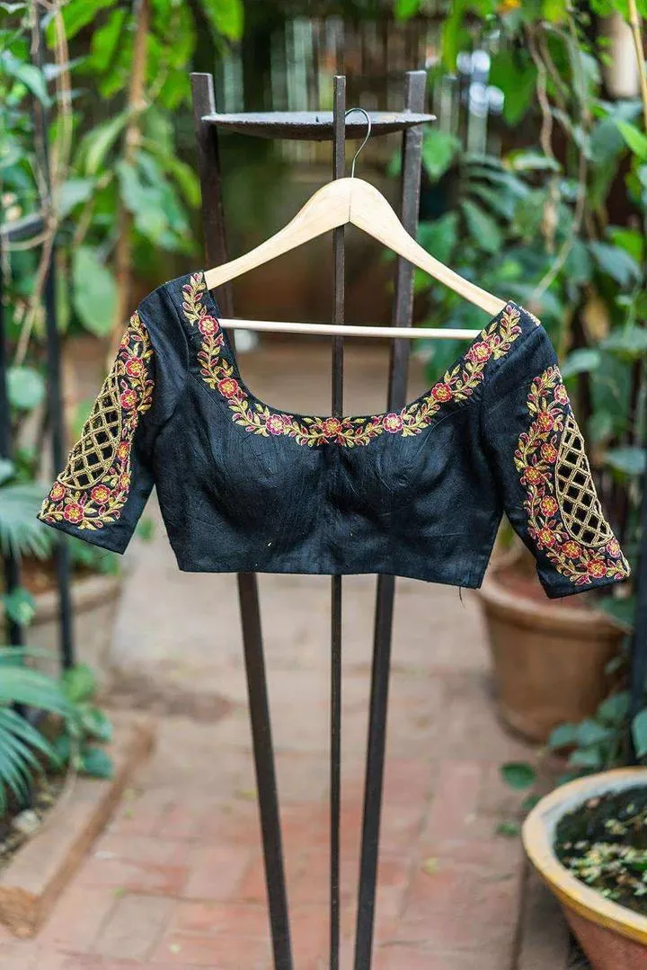Black Floral Embroidered Blouse Design Front