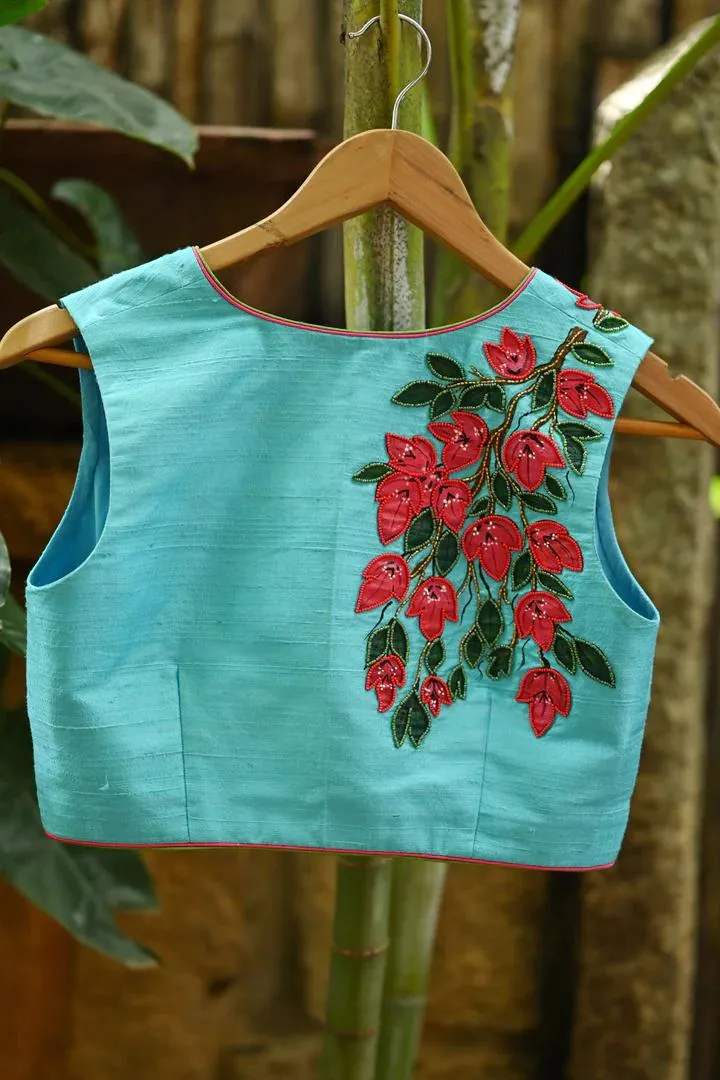 Blue Floral V Neck Blouse Design Back