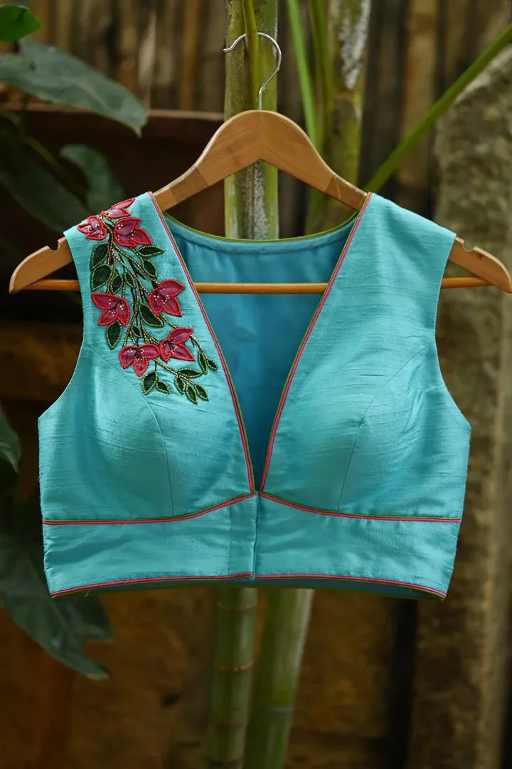 Blue Floral V Neck Blouse Design Front