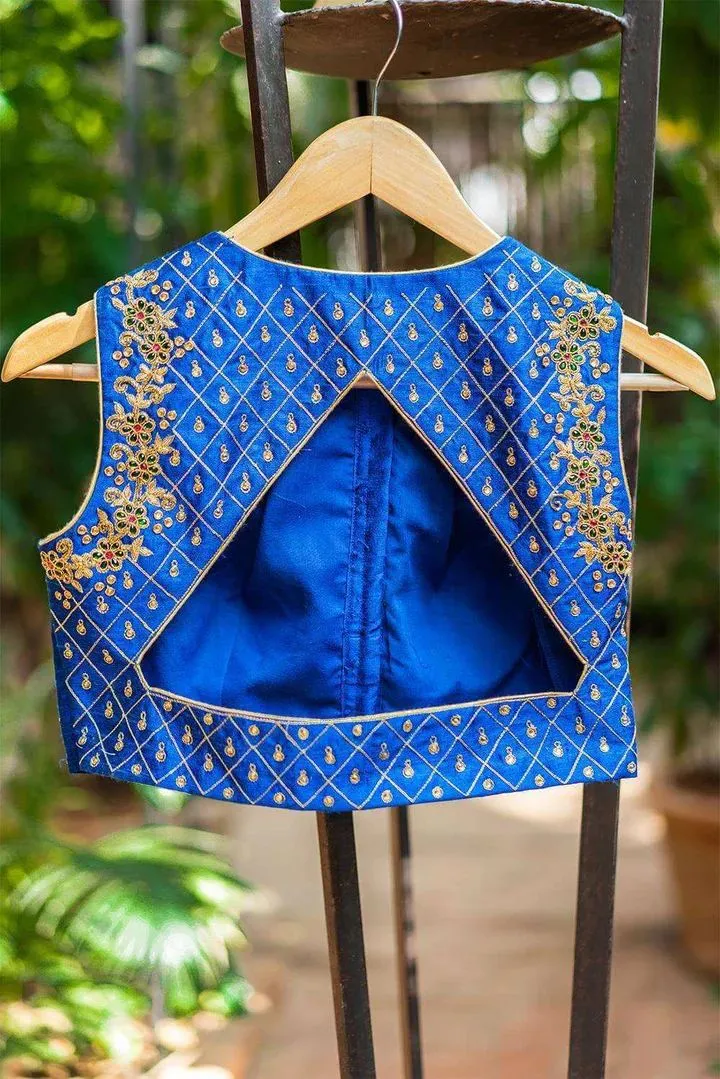 Blue Sleeveless Embroidered Blouse Design Back