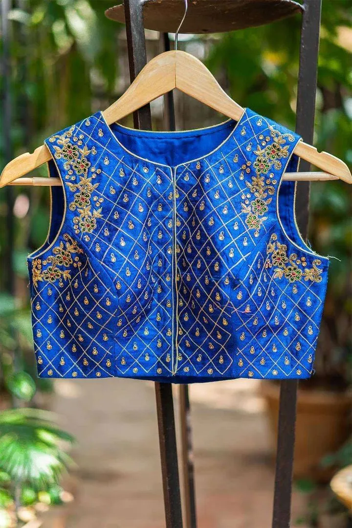 Blue Sleeveless Embroidered Blouse Design Front