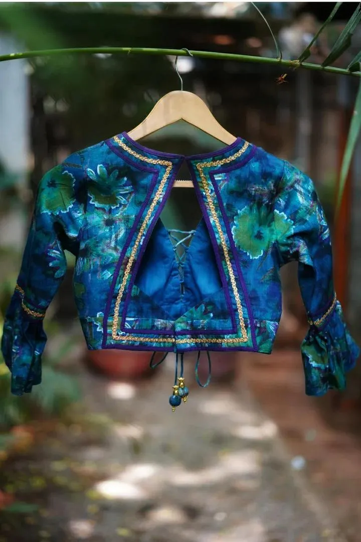 Blue V Neck Ruffle Blouse Design Back