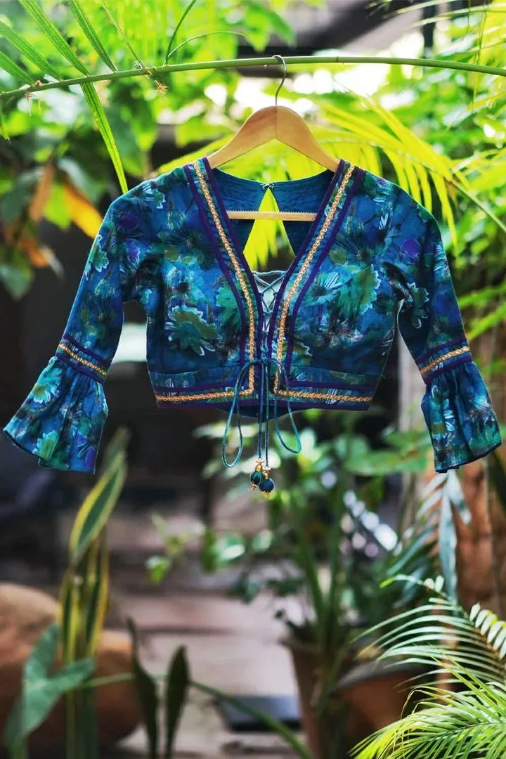 Blue V Neck Ruffle Blouse Design Front