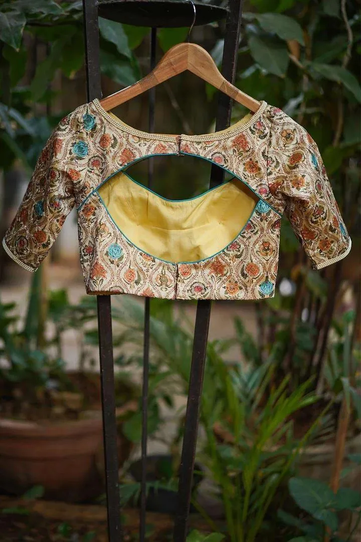 Cream Printed Cutout Blouse Design Back