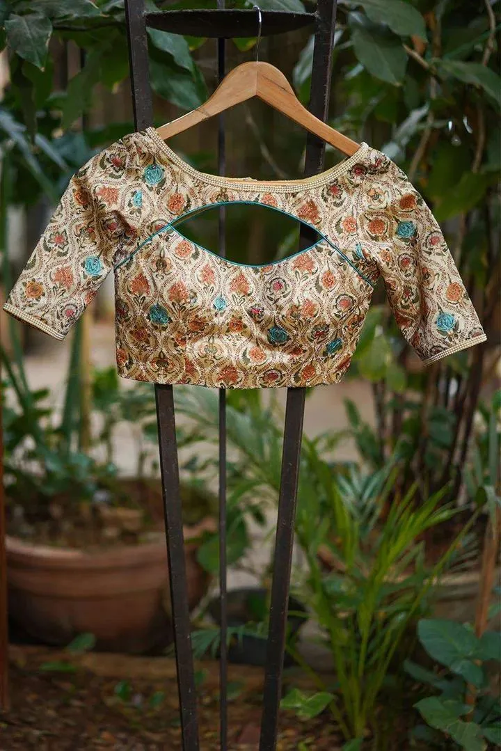 Cream Printed Cutout Blouse Design Front