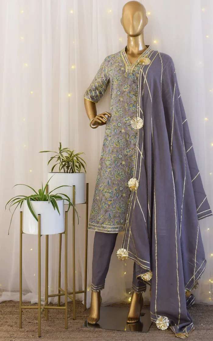 Mauve Block Print Cotton Kurta Set 1