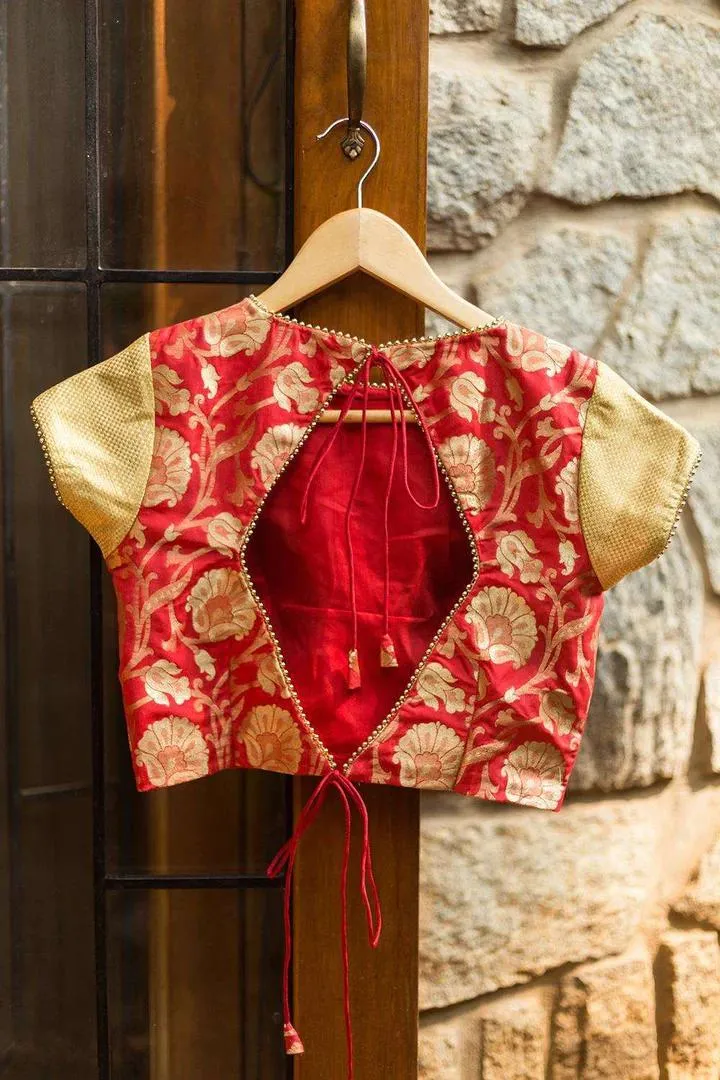 Red Brocade Closed Neck Blouse Design Back