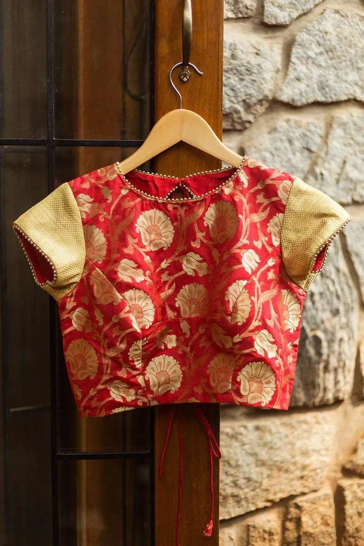Red Brocade Closed Neck Blouse Design Front