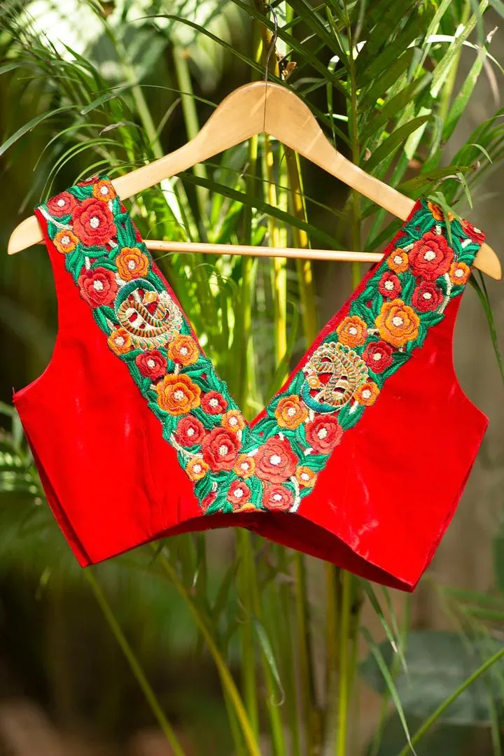 Red Floral V Neck Blouse Design Back