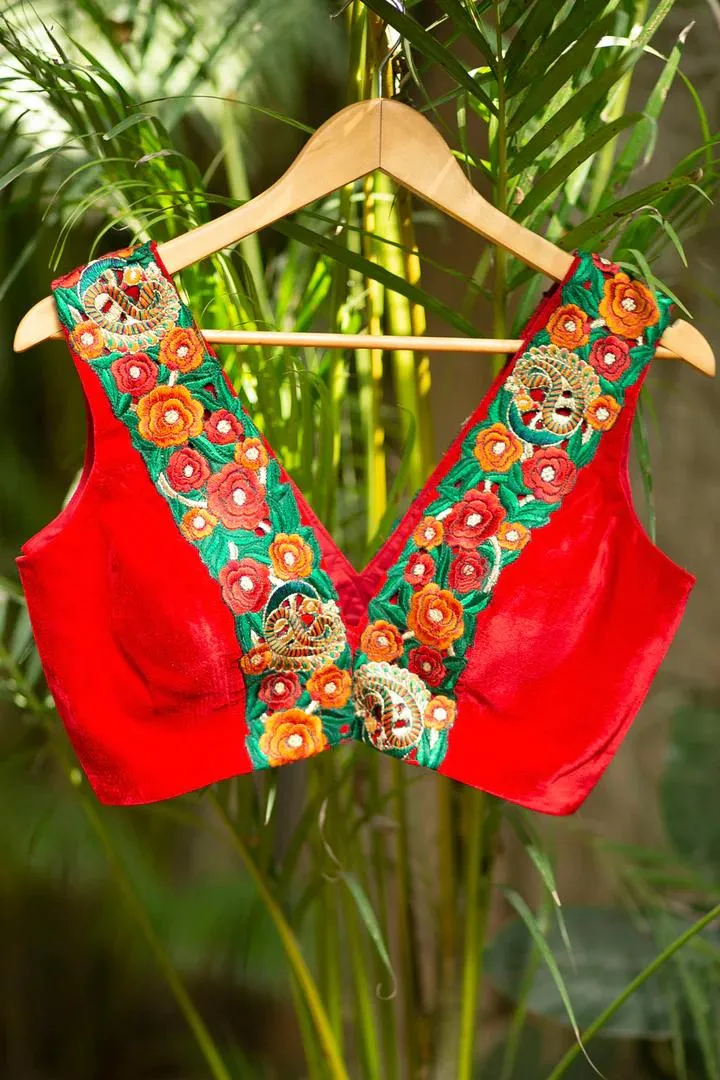 Red Floral V Neck Blouse Design Front
