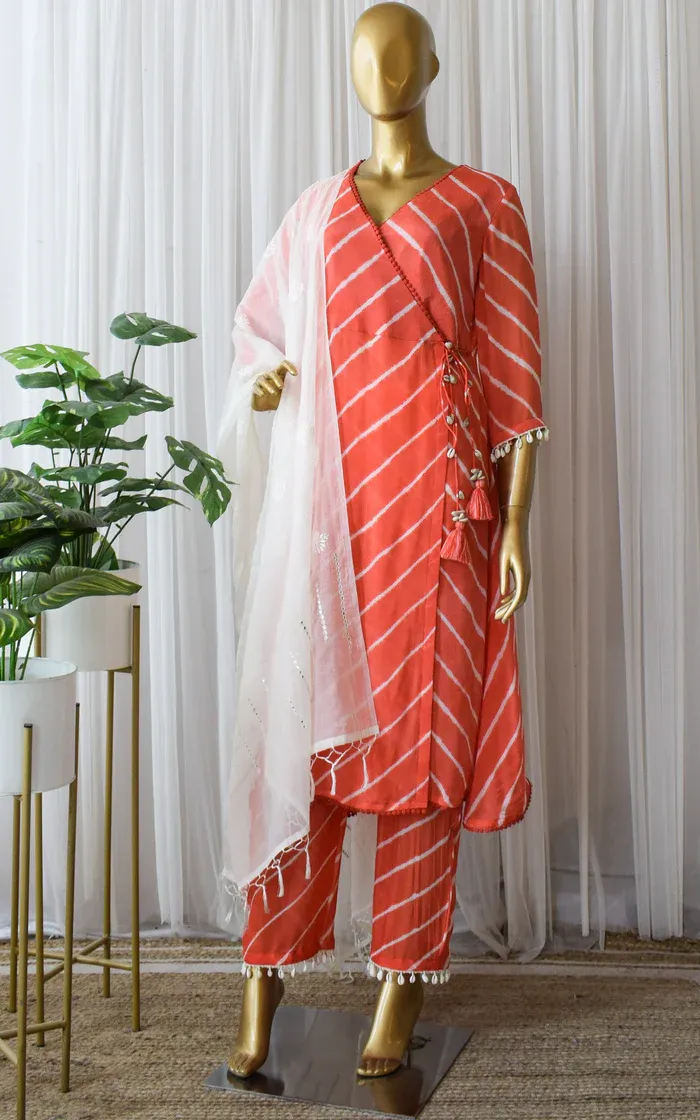 Tomato Red Leheriya Anarkali Kurta & Pant (1)