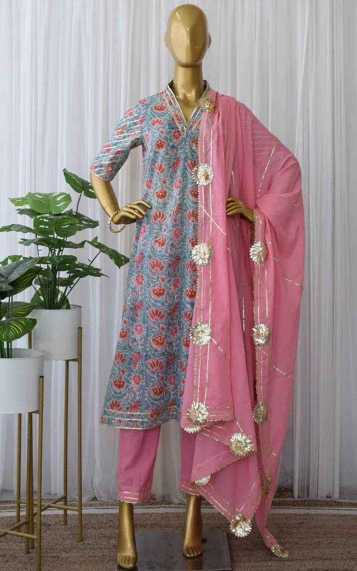Turquoise Block Print Kurta Cotton Set 1