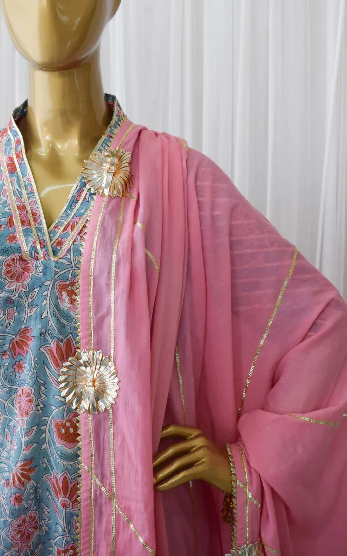 Turquoise Block Print Kurta Cotton Set 2