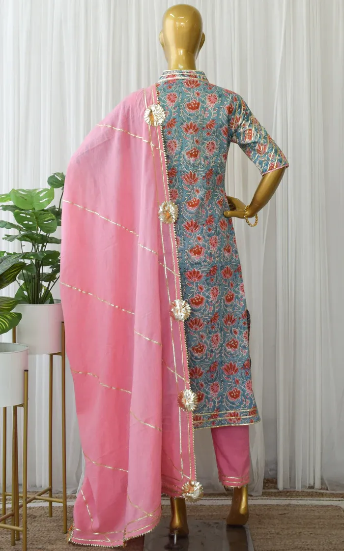 Turquoise Block Print Kurta Cotton Set 4