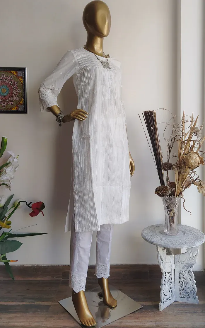 White Cotton Pintucks Kurta and Pant (1)