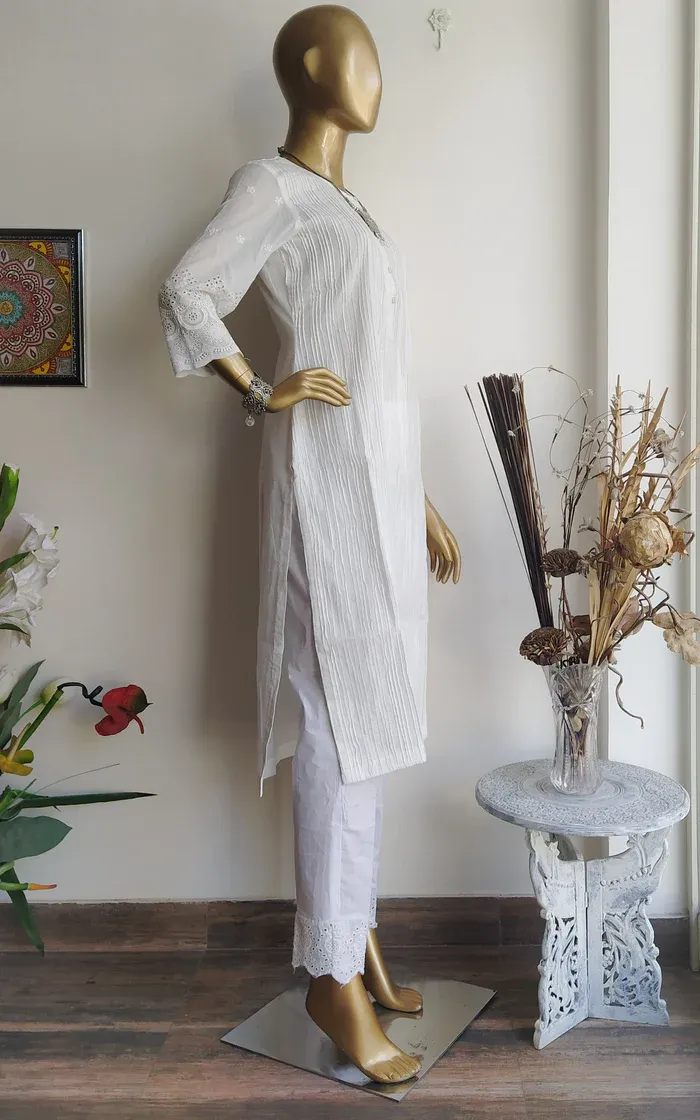 White Cotton Pintucks Kurta and Pant (2)