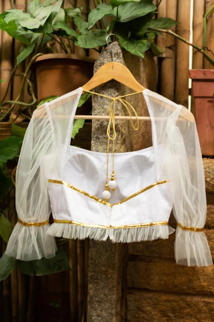 White Net Puff Sleeve Blouse Design Back