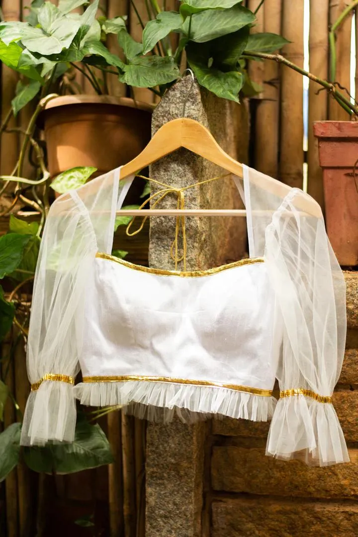 White Net Puff Sleeve Blouse Design Front